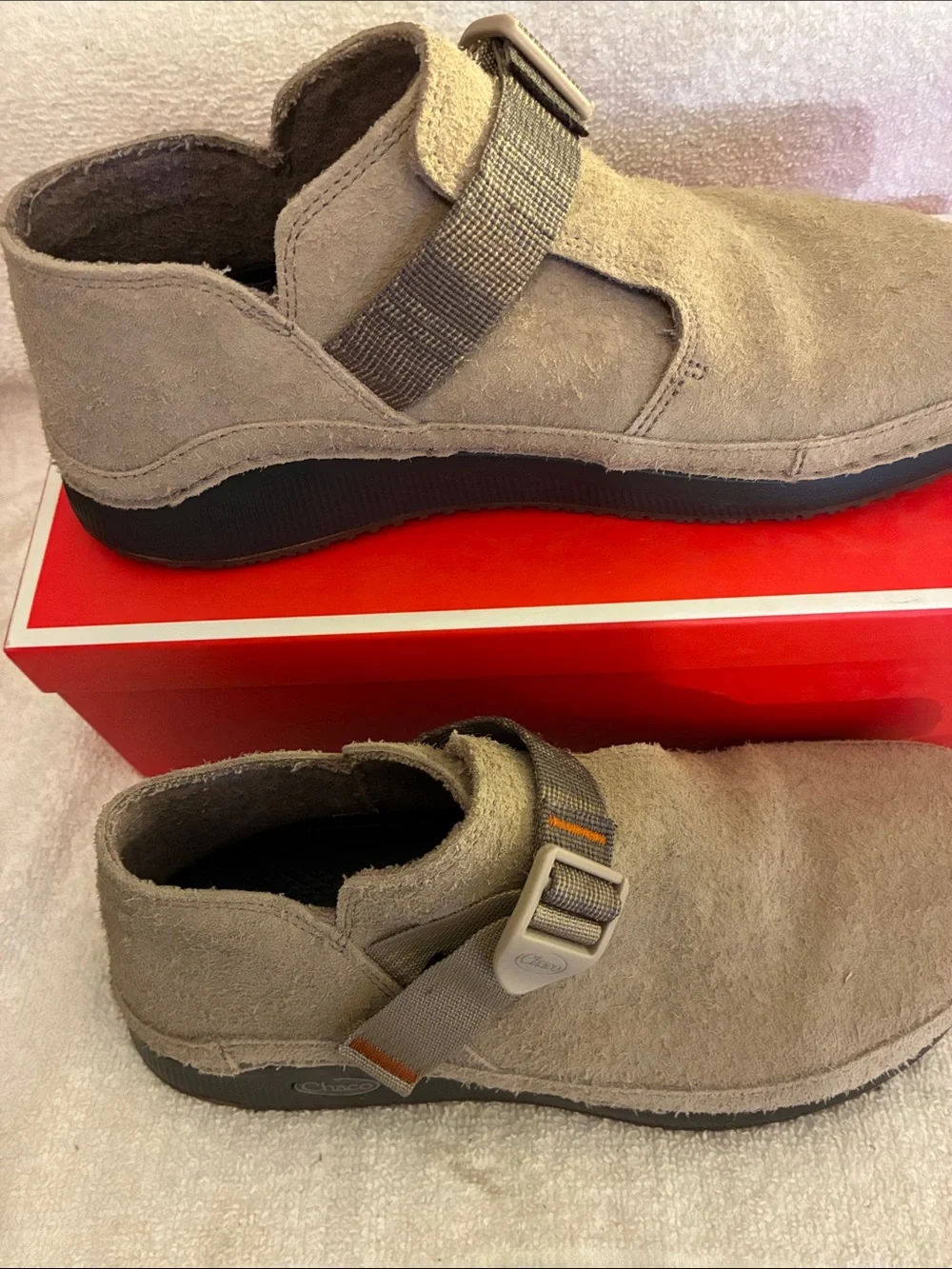 Chaco Men's Suede Casual Slip-On Shoe in Taupe adj. cross strap